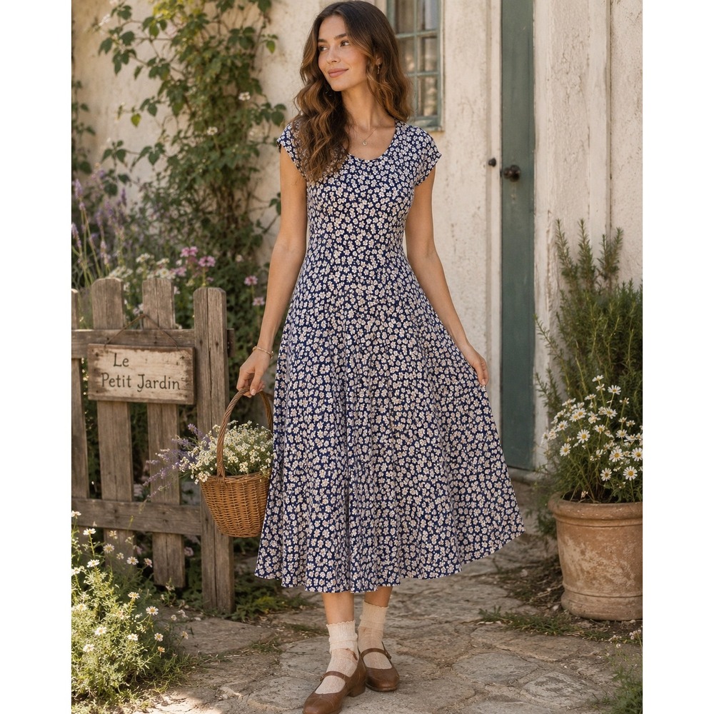 Vintage All That Jazz Dress Womens 6 Blue Daisy Floral Cottagecore Prairie Boho